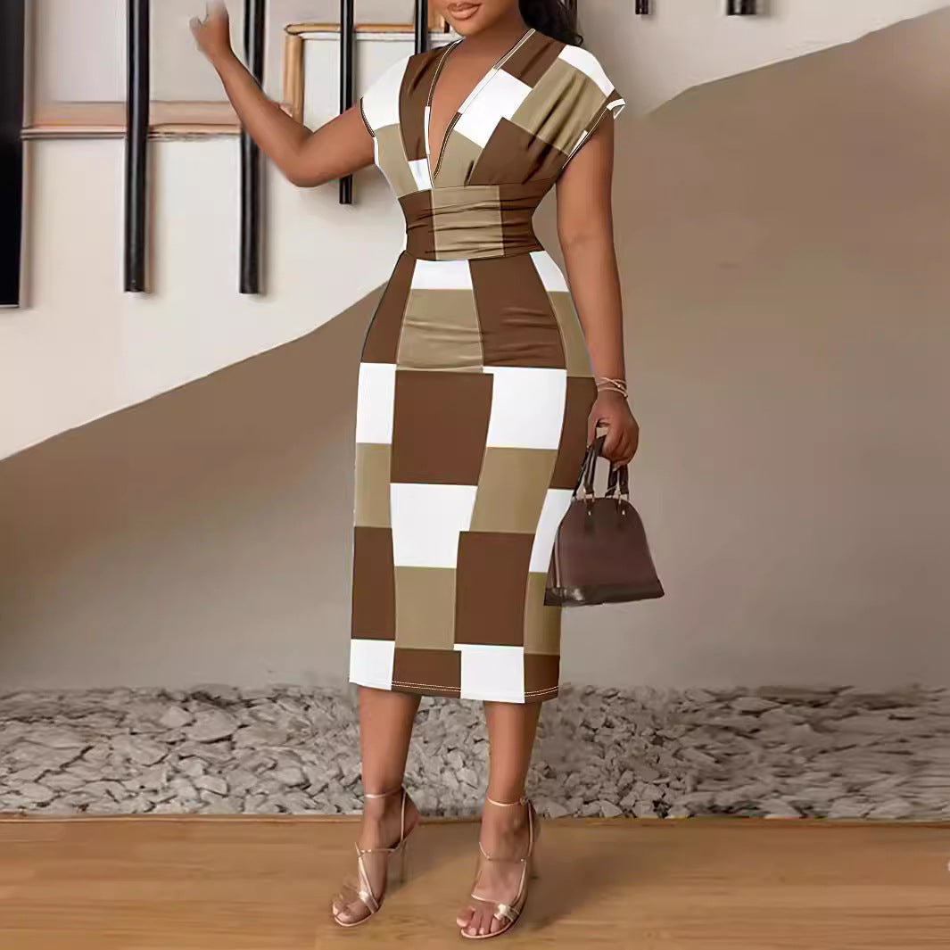 Robe Imprimee Col V Femme - Motif Rayures et Carreaux, Style Elegant, S a XL