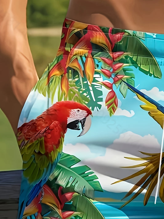 Short de plage homme grande taille imprimé perroquet 3D - Avec poches, coupe standard