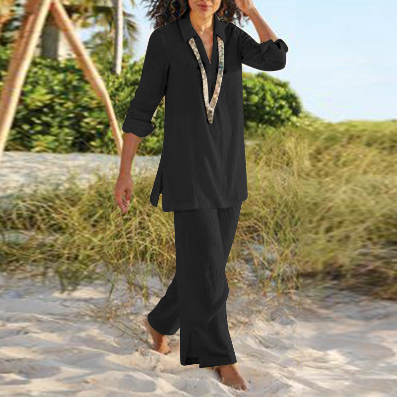 Costume pantalon rétro de style national de couleur unie en coton et lin - Topdecheztop.fr