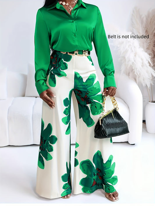 Ensemble 2 Pièces Femme Floral – Chemise Manches Longues & Pantalon Large
