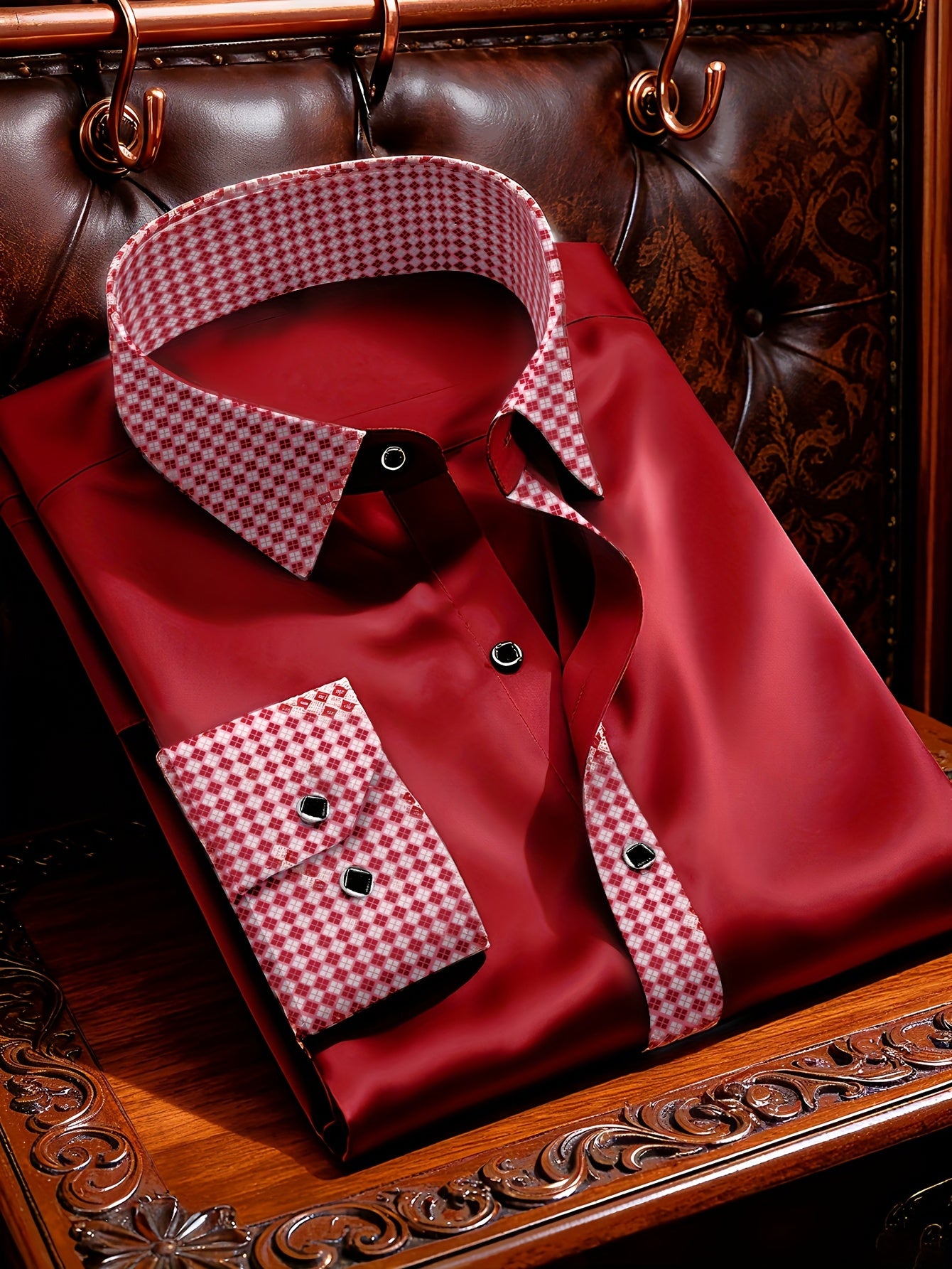Chemise Homme Manches Longues Col Revers Blocs de Couleur 100% Polyester Decontractee - Rouge FR S-XL