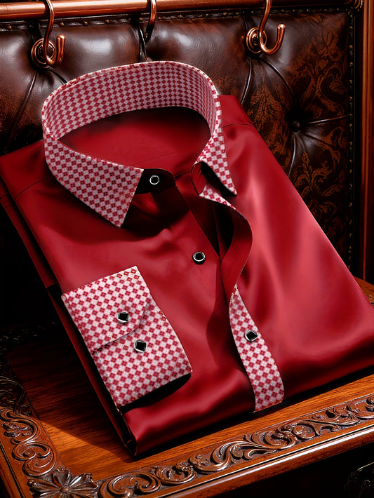 Chemise Homme Manches Longues Col Revers Blocs de Couleur 100% Polyester Decontractee - Rouge FR S-XL