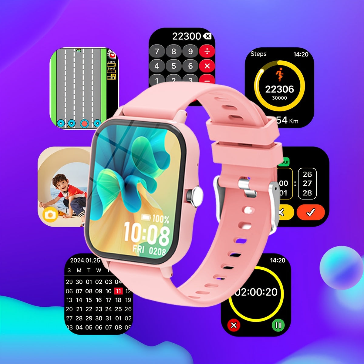 Montre Connectee Enfants Educative - Jeux, Musique, Photo Distance, Calculatrice, Reveil, Bracelet Silicone, 4 Coloris