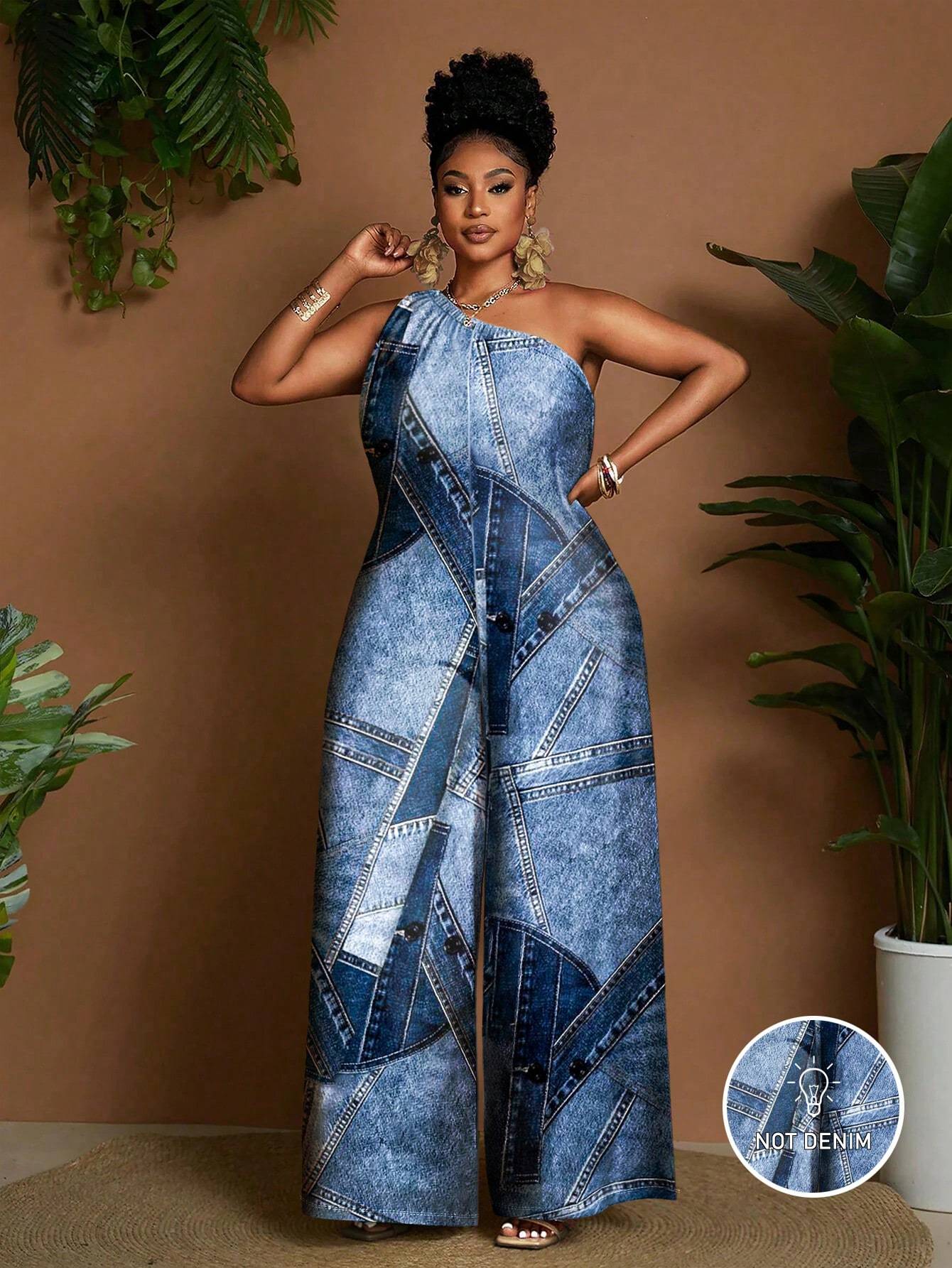 Combinaison femme grande taille imprimee effet denim - Sans manches, epaules denudees, col asymetrique, bleu