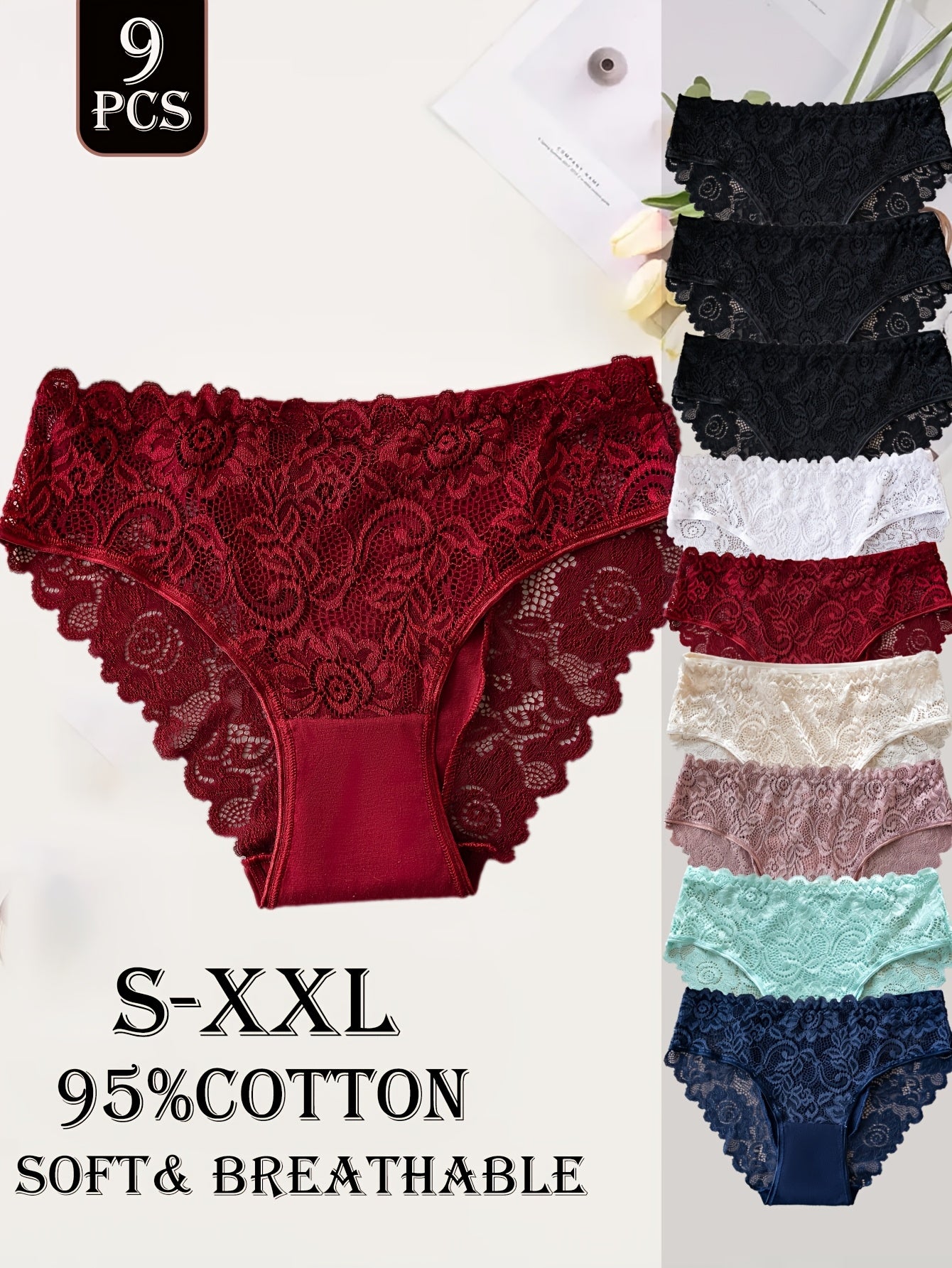 Lot de 9 culottes femme en coton avec dentelle - Couleur unie, style élégant, confort quotidien