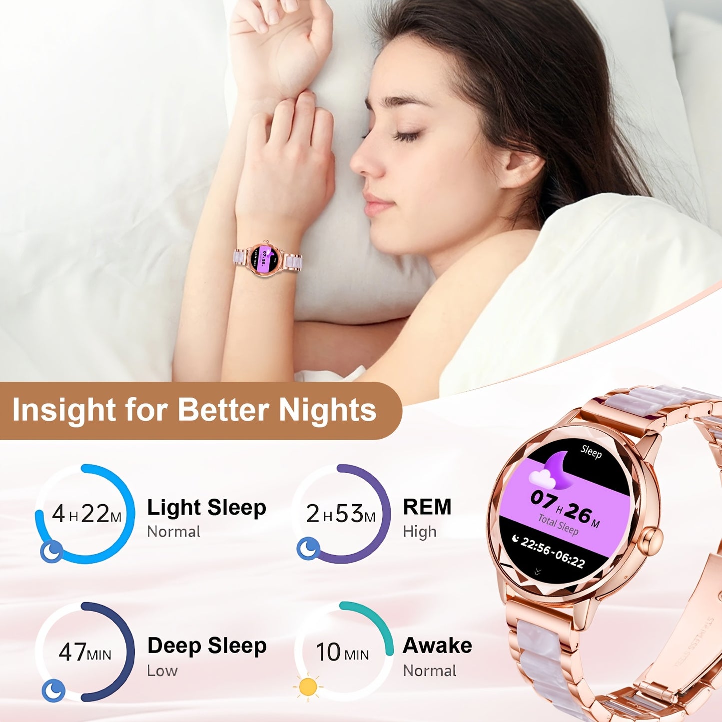 Montre Connectee Femme Elegante Bracelet Acier Inoxydable Ecran TFT 1.19 Bluetooth 5.3 - Suivi Cycle Sommeil Calories Podometre Compatible Android iPhone Rose Dore Argente