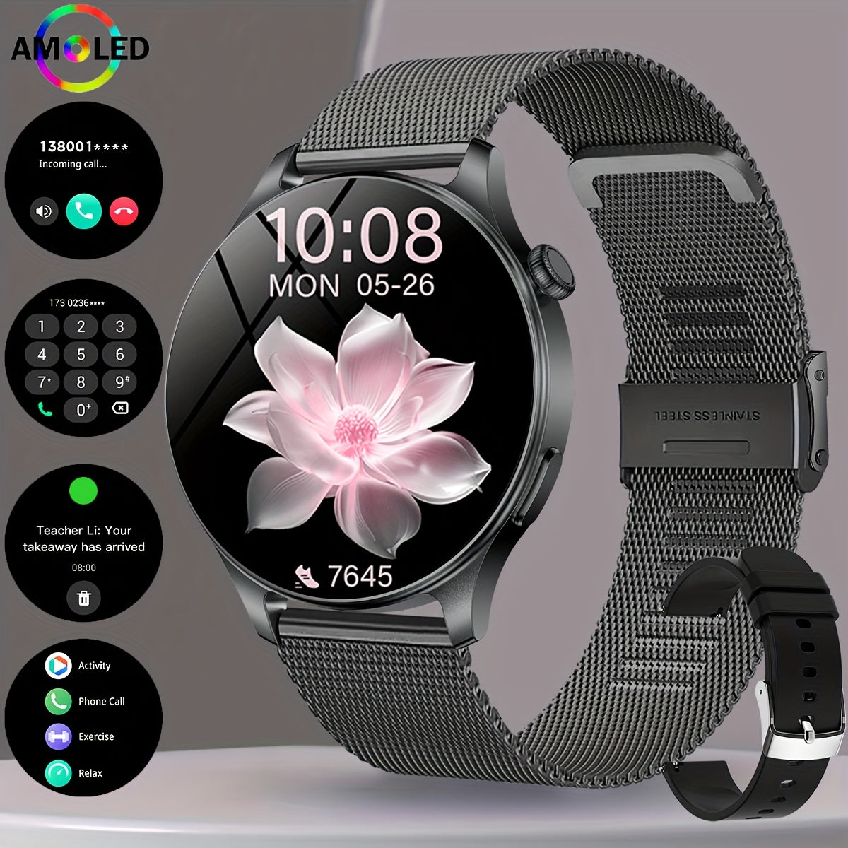 Montre Connectée Femme – Écran AMOLED 1,53", 100+ Modes Sportifs, Appels Sans Fil & IP68 | Charge Magnétique