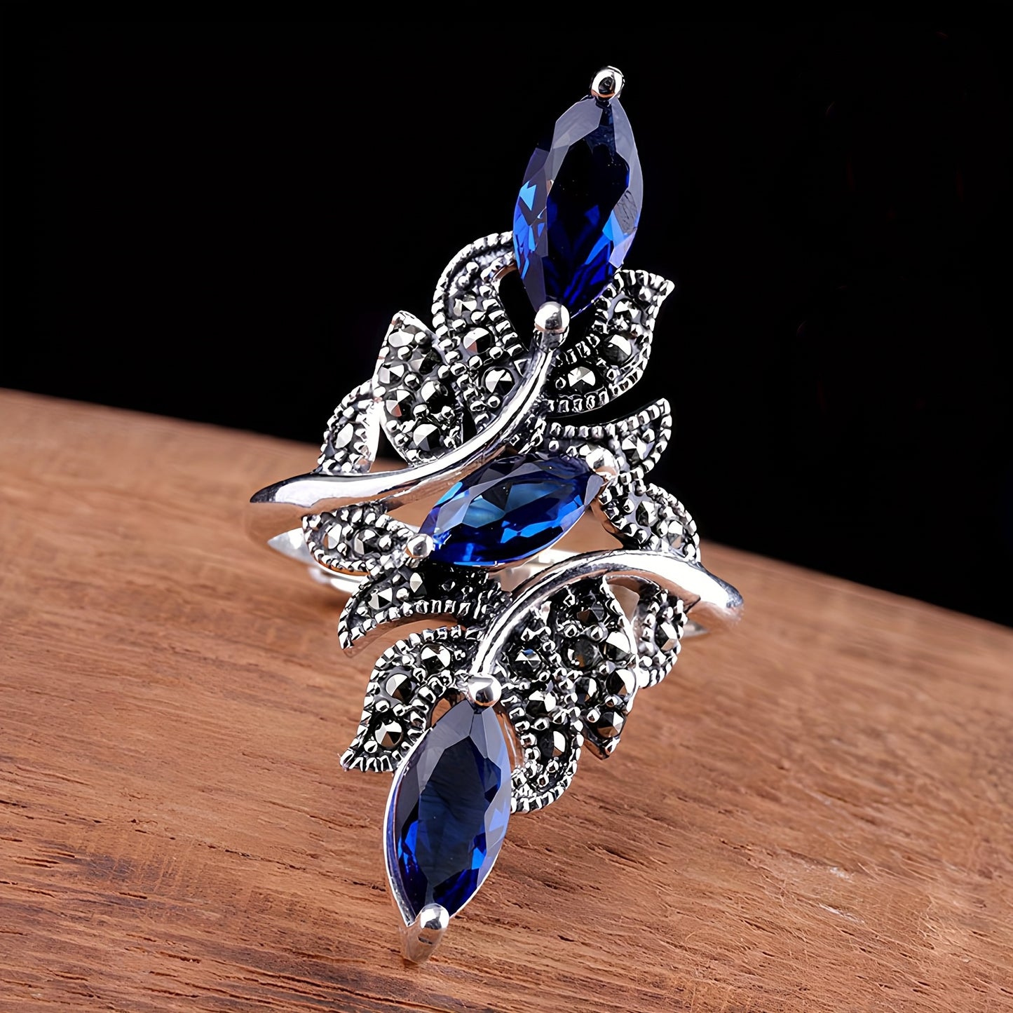 Bague large ajustable femme cuivre plaque blanc K - Zircone cubique feuille, style luxe paillete, bleu, taille unique