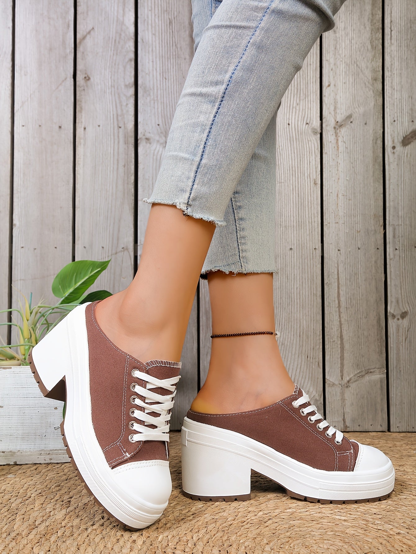 Mules Femme Talon Compense Lacets Tissu Semelle PU - Bout Rond Decontracte Noir Marron EU 36-42