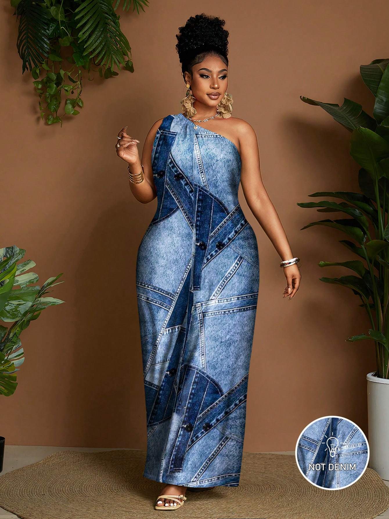 Combinaison femme grande taille imprimee effet denim - Sans manches, epaules denudees, col asymetrique, bleu