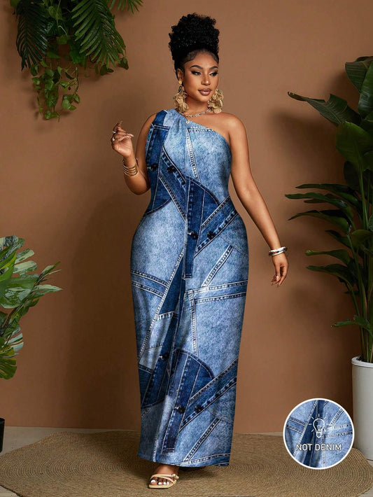 Combinaison femme grande taille imprimee effet denim - Sans manches, epaules denudees, col asymetrique, bleu
