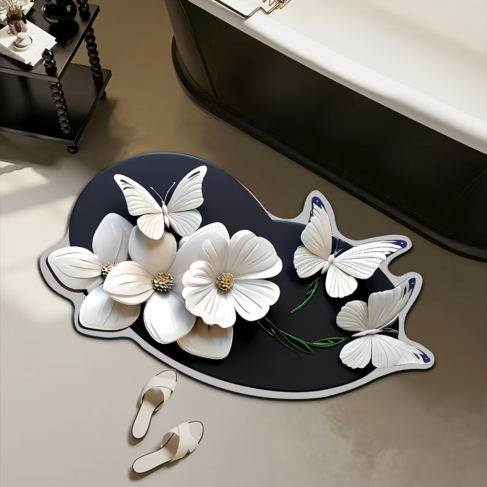 Tapis de Bain Rond Papillon Motif Floral - Antiderapant, Sechage Rapide, 100% Polyester, 40x60 ou 50x80cm