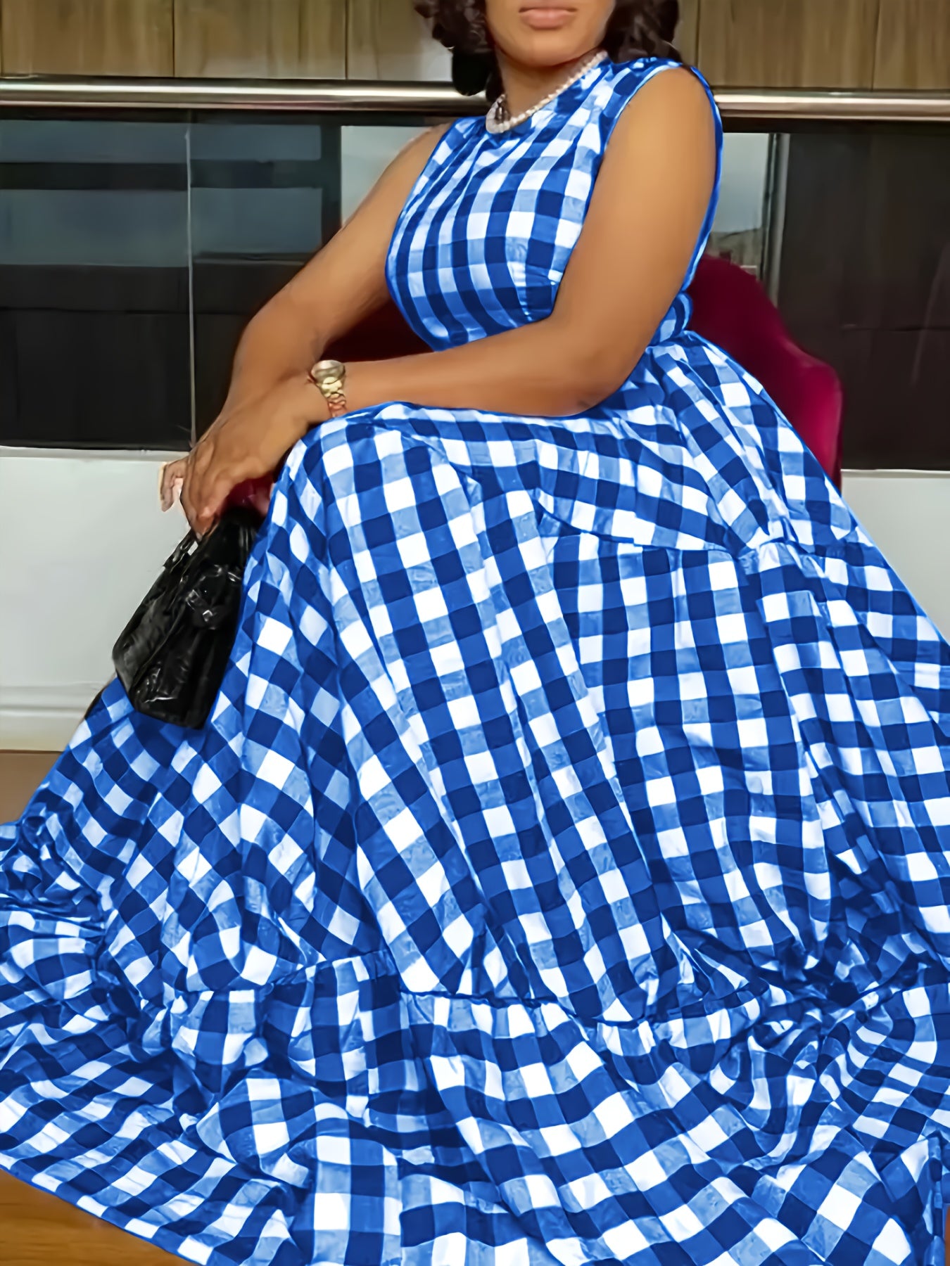 Robe ete femme carreaux sans manches - Col rond, coupe ajustee evasee, jupe multicouche, boutons, bleu ou noir, S a XXL