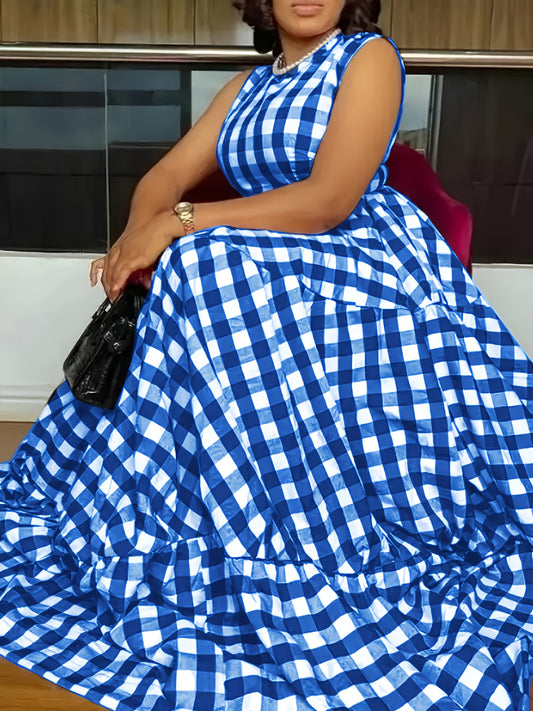 Robe ete femme carreaux sans manches - Col rond, coupe ajustee evasee, jupe multicouche, boutons, bleu ou noir, S a XXL