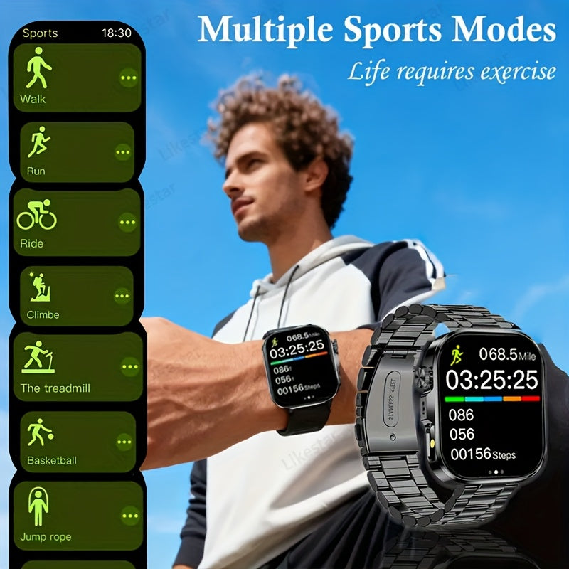 Montre Connectee Tactile Bracelet Acier Inoxydable Ecran HD 2.01 Pouces Recharge Magnetique - Appels Notifications Lampe Torche LED Style Business Decontracte
