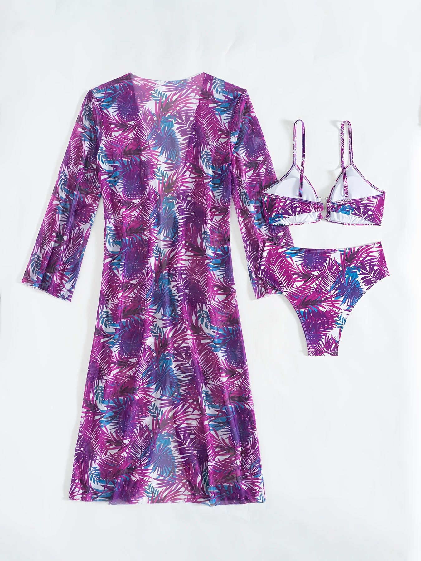 Ensemble Bikini 3 Pieces Femme - Motif Tropical, Col en V, Manches Longues