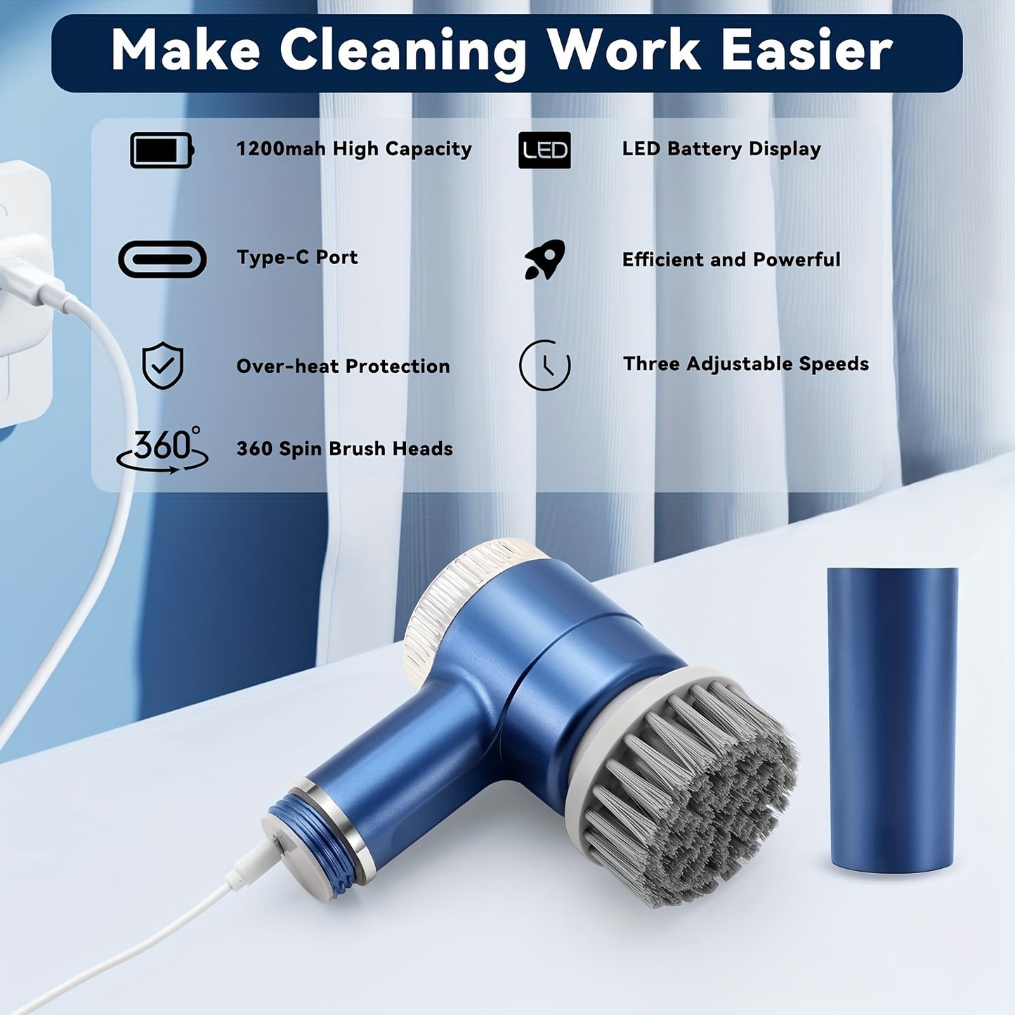 Brosse de Nettoyage Electrique Rotative Sans Fil Rechargeable USB - Multifonction Salle de Bain Cuisine Bleu Blanc