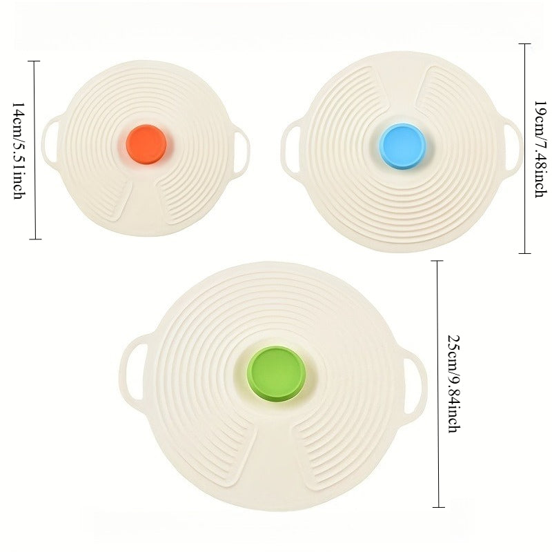 Lot 3 Couvercles Silicone Double Poignee Fermeture Ventouse - Micro-Ondes Lave-Vaisselle Antiadherent Blanc