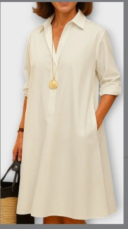 Robe Chemise Manches Longues Femme – Col Polo, Couleur Unie, Mi-Longue Grande Taille