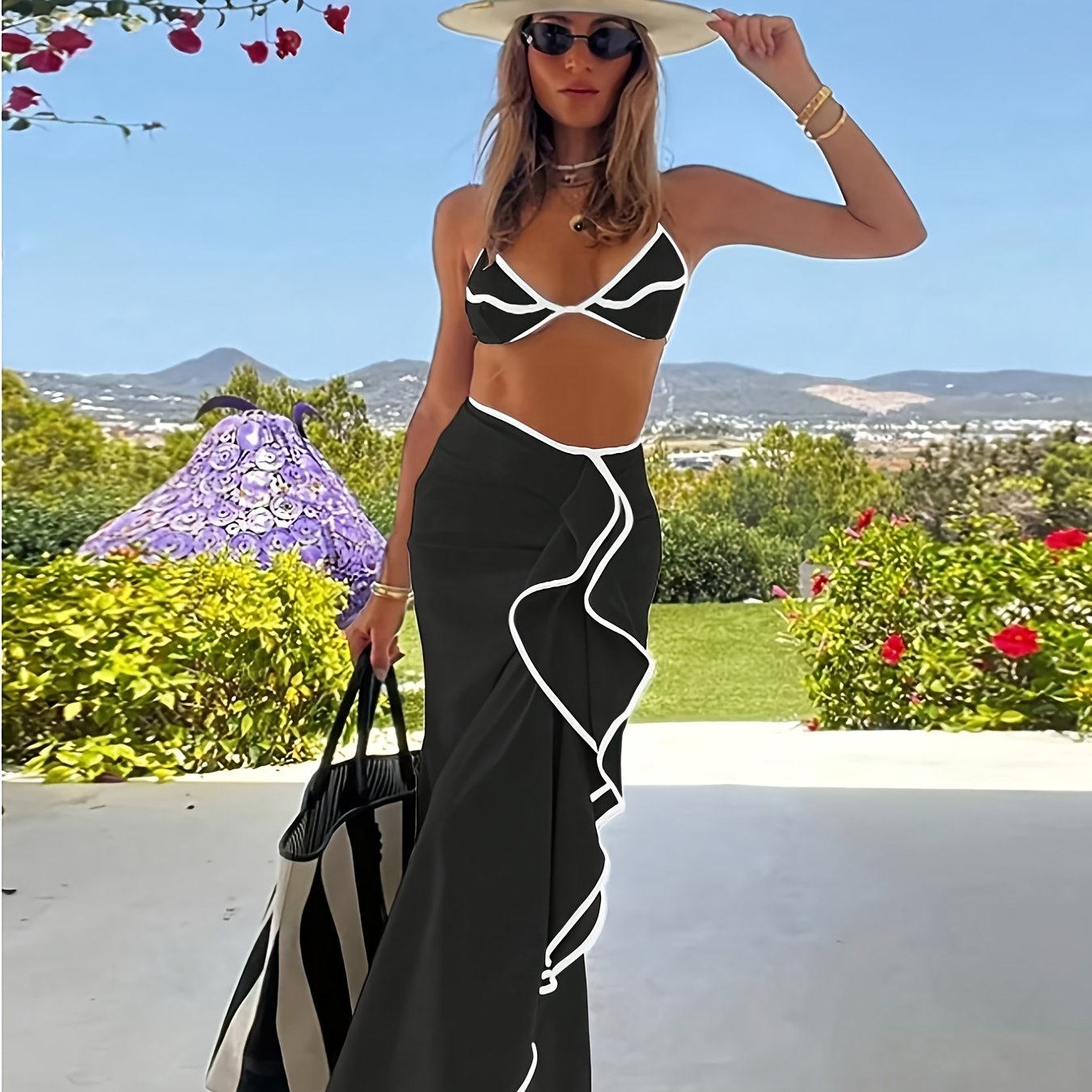 Bikini 3 Pièces Femme avec Jupe – Dos Nu, Volants & Tissu Stretch | S M L | Couleur Unie
