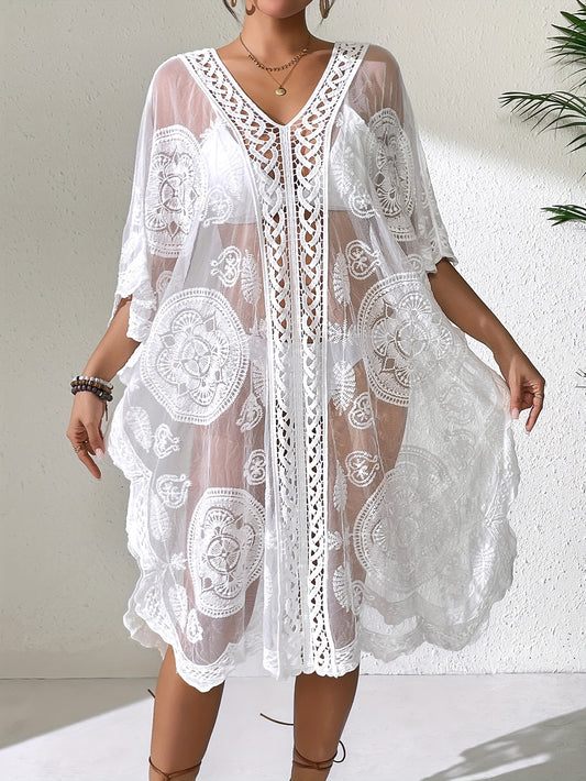 Robe de Plage Femme Boheme Col en V Maille Contrastee Couleur Unie Semi-Transparente - 65% Nylon Viscose Beige Taille Unique