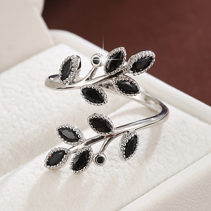 Bague ouverte ajustable femme cuivre plaque blanc K - Zircone cubique feuille branche, style nature, 6 modeles