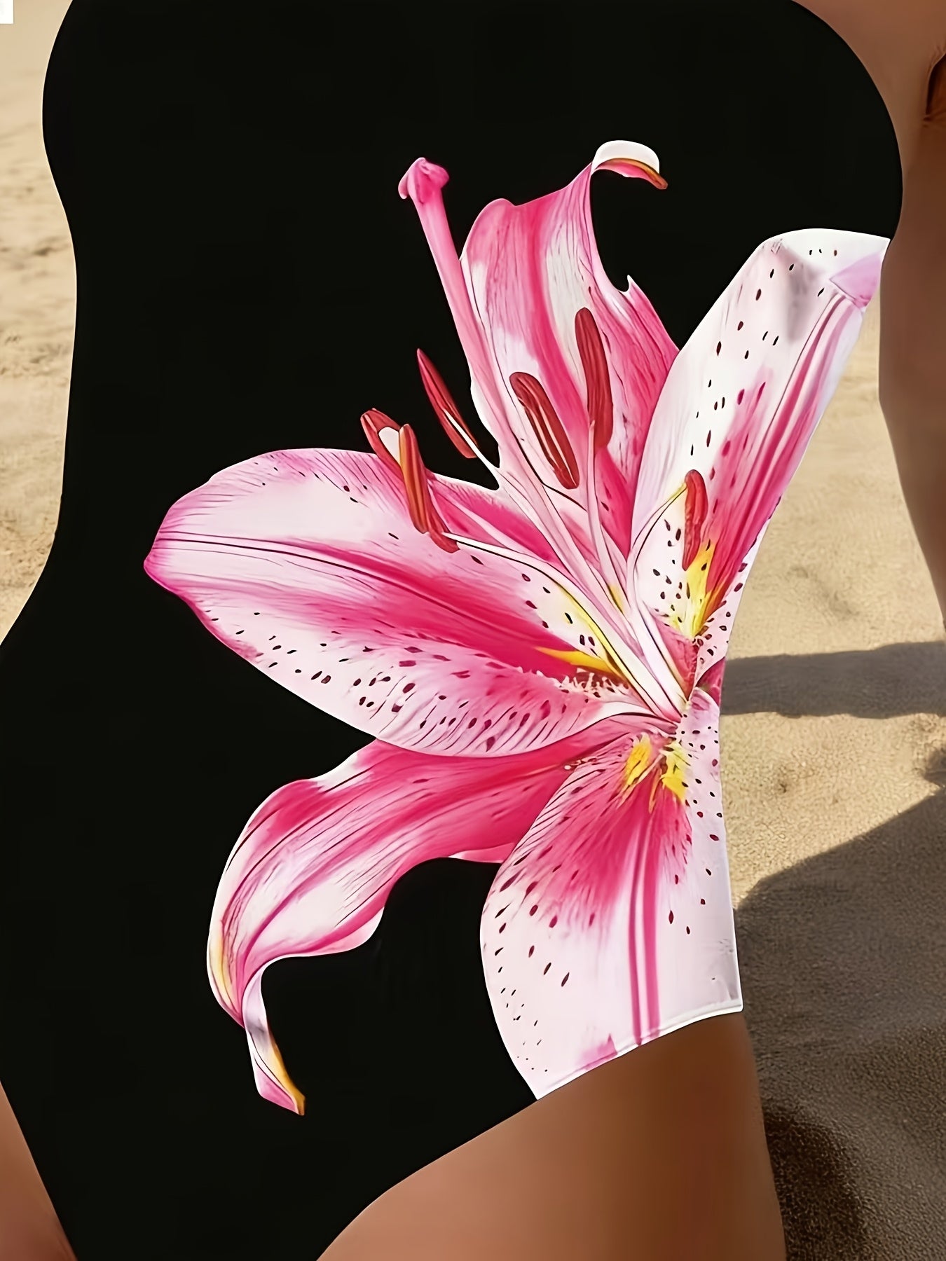 Maillot de Bain 1 Piece Femme Bandeau Epaules Denudees Imprime Floral - Rembourrage Amovible, Tissu Stretch, Noir, S au XL