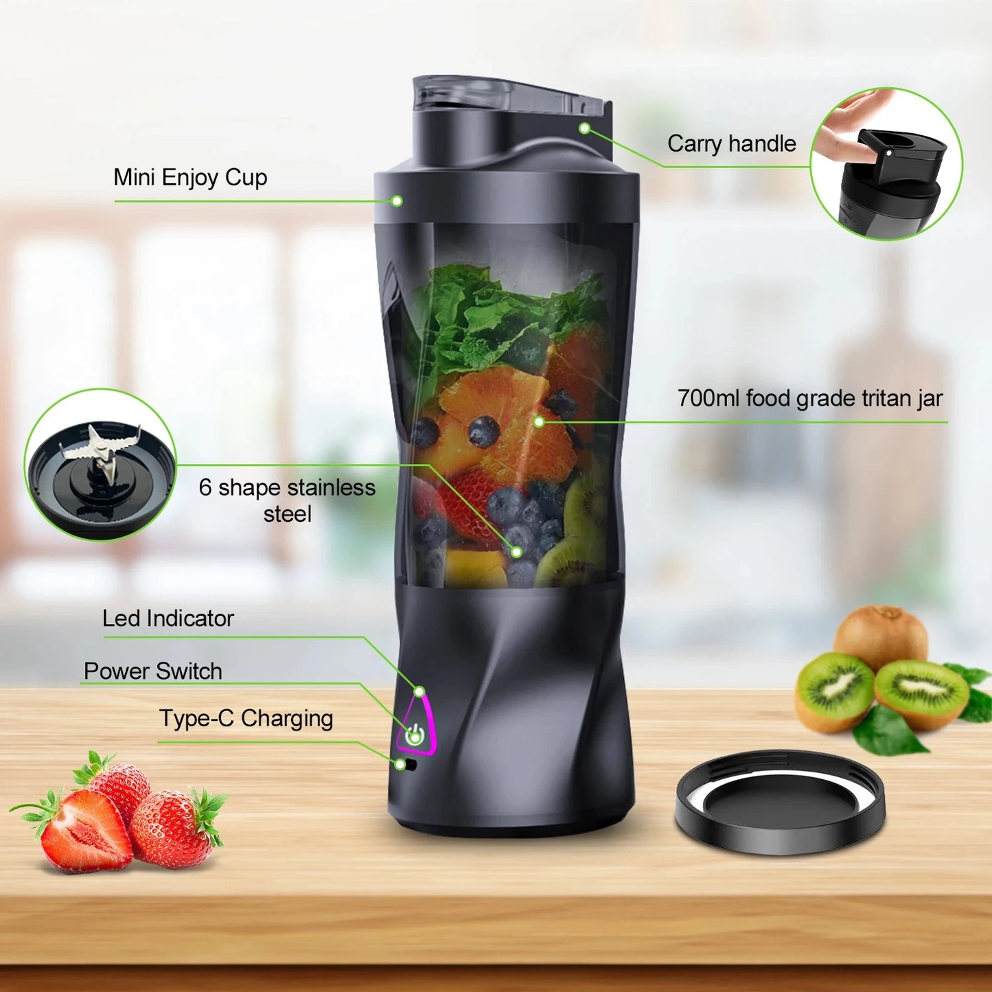 Mixeur extracteur de jus portable rechargeable USB 700 ml - Lames inox, 22000 tr/min, smoothies milkshakes, noir