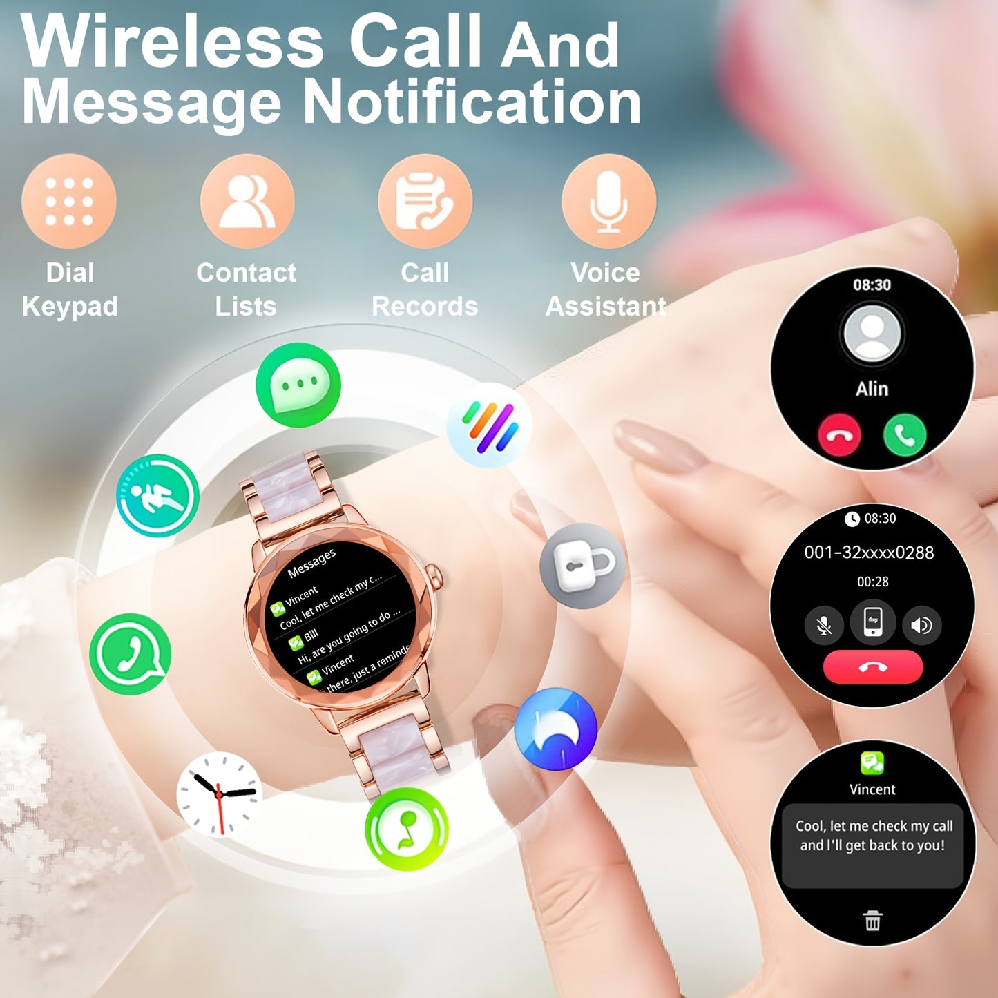 Montre Connectee Femme Elegante Bracelet Acier Inoxydable Ecran TFT 1.19 Bluetooth 5.3 - Suivi Cycle Sommeil Calories Podometre Compatible Android iPhone Rose Dore Argente