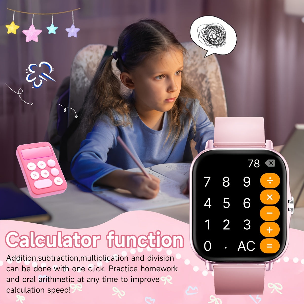 Montre Connectee Enfants Ados Ecran Tactile - Podometre, Musique, Calendrier, Alarme, Bracelet Silicone, 6 Coloris