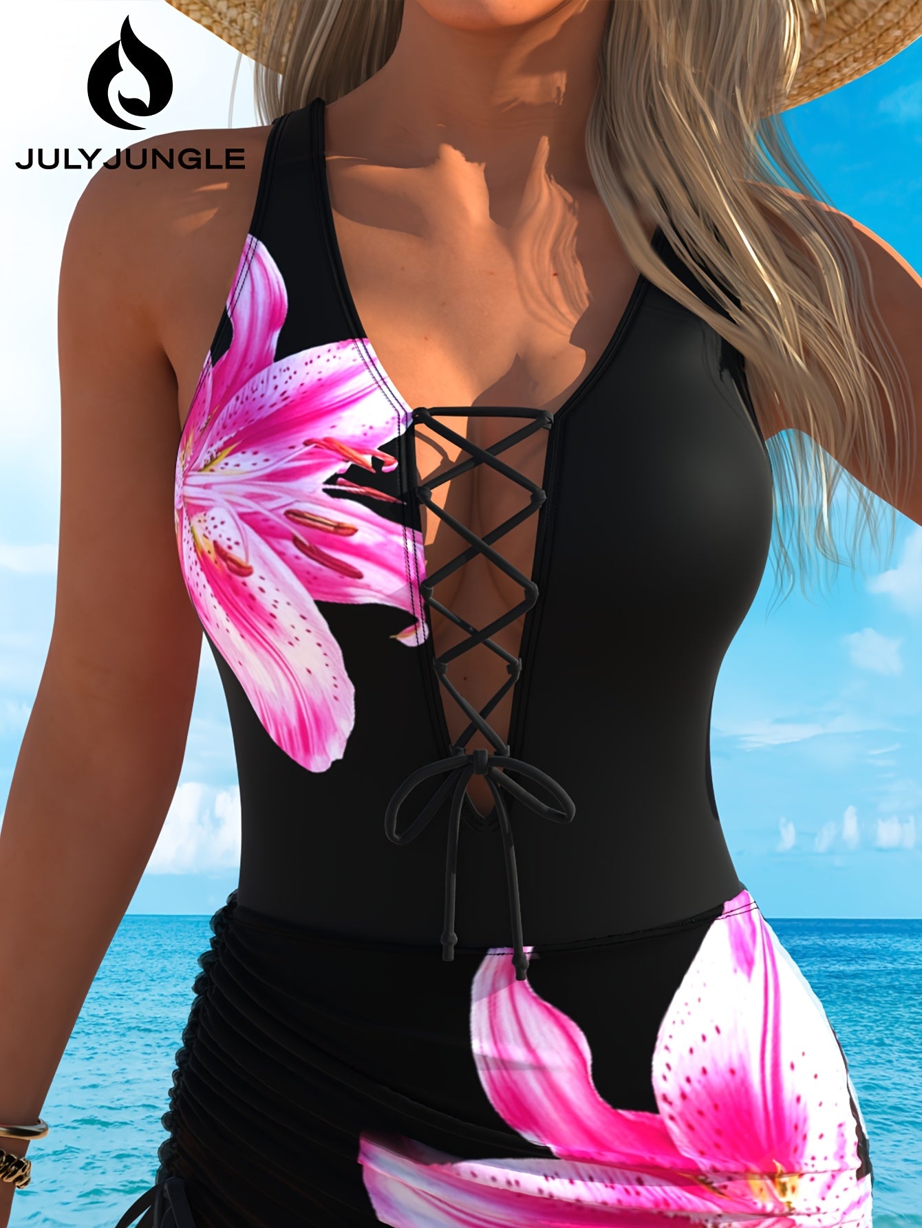 Maillot de Bain Une Piece Femme Floral - Epaules Denudees, Silhouette Asymetrique, Tissu Stretch