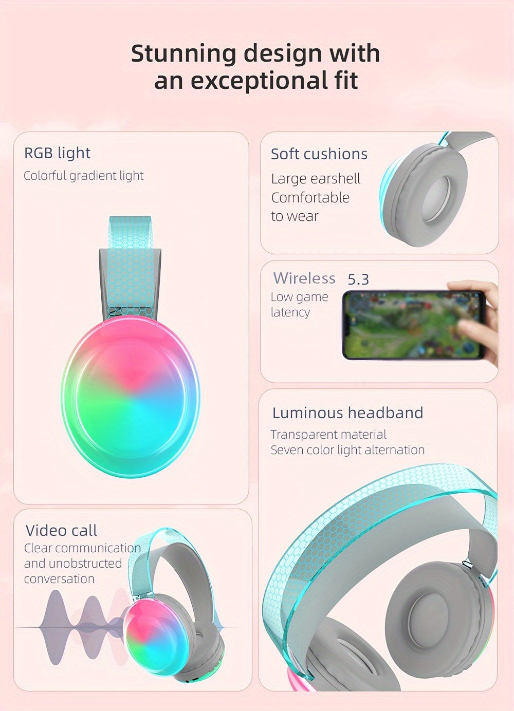 Casque Sans Fil Bluetooth 5.3 – Léger, Micro Intégré, Lumières LED & Batterie 360mAh | 5 Coloris