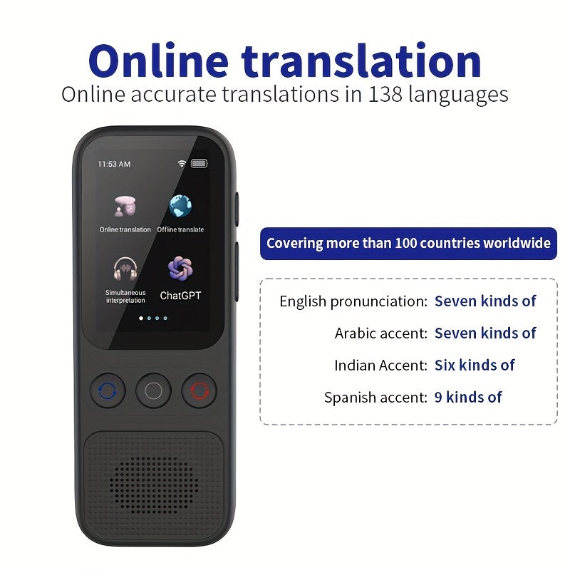 Traducteur Vocal Bidirectionnel Hishell - 138 Langues, Hors Ligne, Ecran Tactile HD 2 pouces, WiFi, USB-C