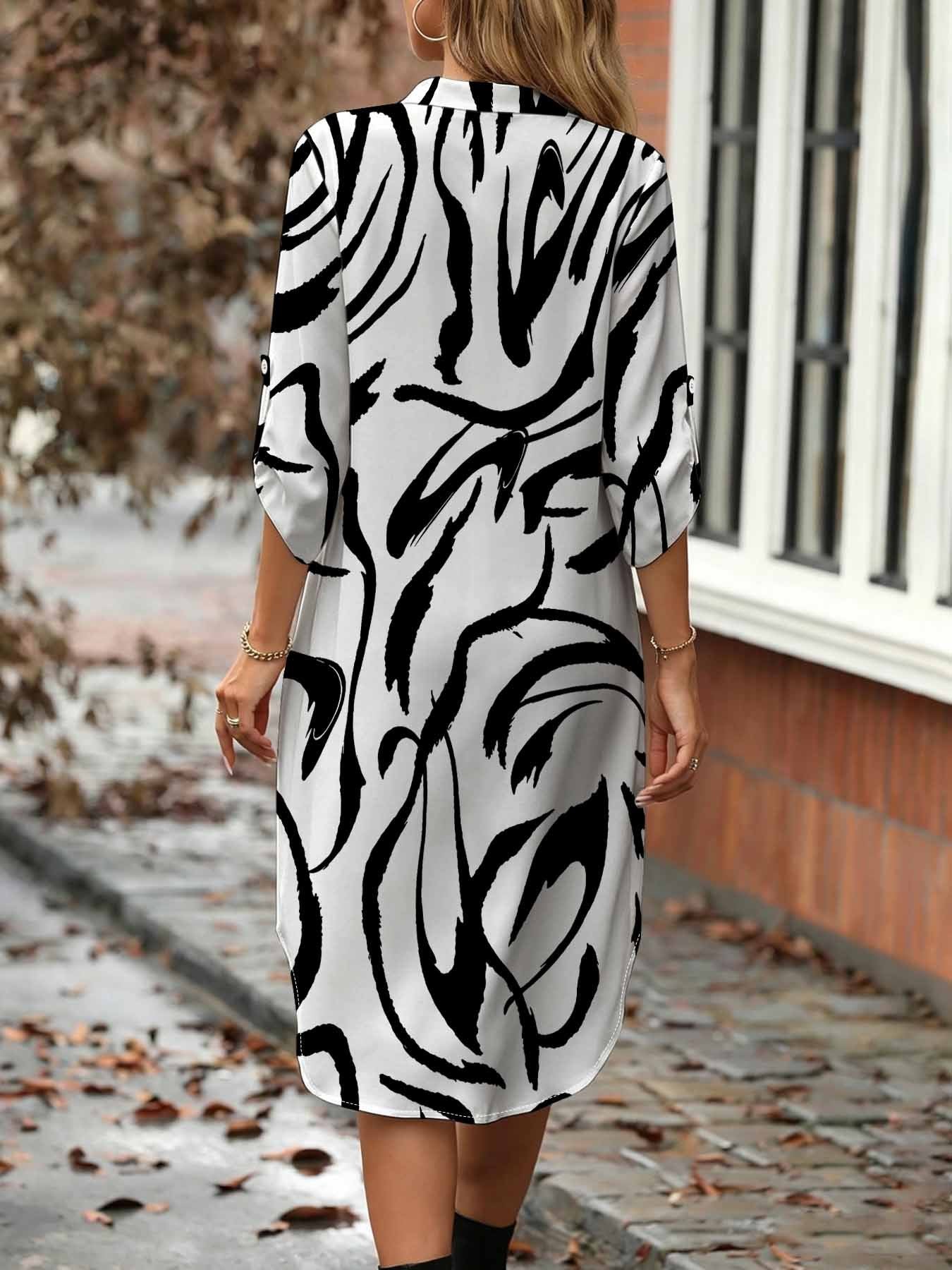 Robe Chemise Femme Grande Taille Imprime Abstrait Manches 3/4 Mi-Longue