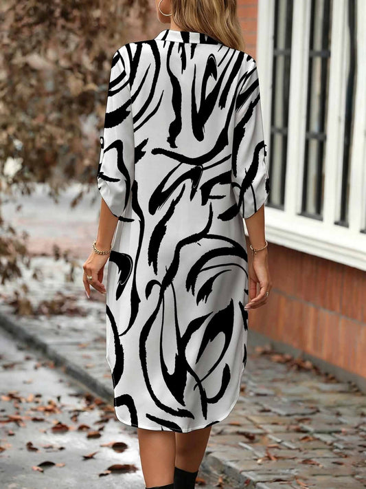 Robe Chemise Femme Grande Taille Imprime Abstrait Manches 3/4 Mi-Longue