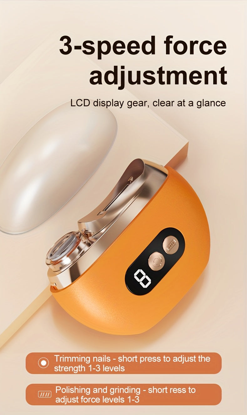 Coupe-ongles electrique 2 en 1 - Manucure, polissage, anti-coupure, eclairage, recharge USB, blanc ou orange