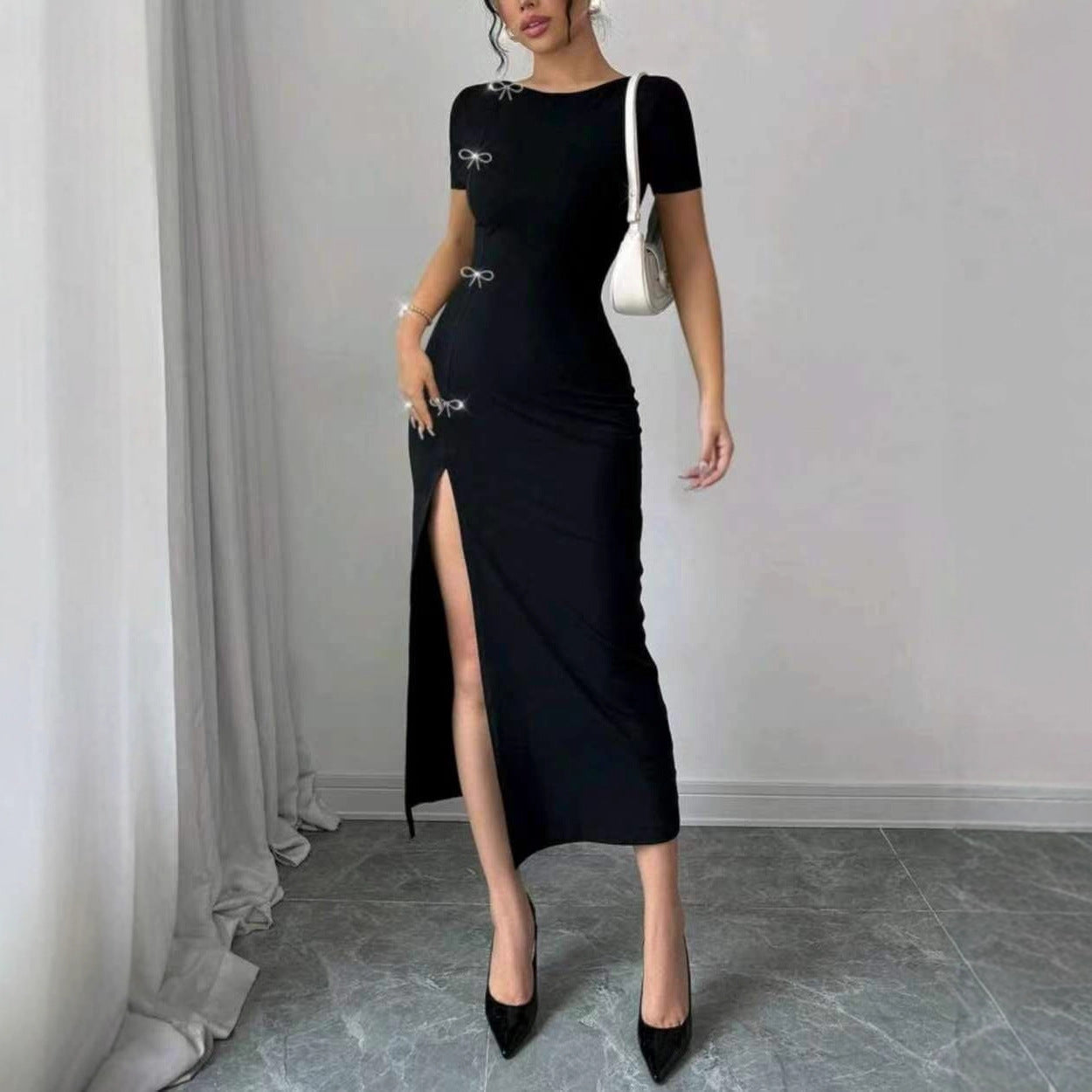 Robe Maxi Cintree Noeud Papillon Femme - Manches Courtes, Style Gilet, Infroissable