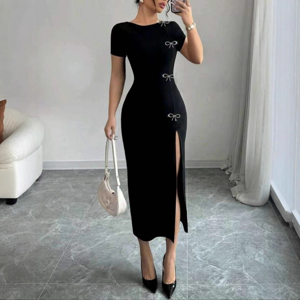 Robe Maxi Cintree Noeud Papillon Femme - Manches Courtes, Style Gilet, Infroissable