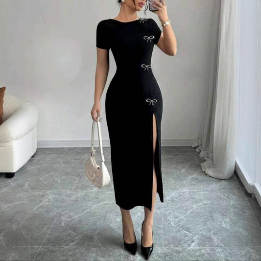 Robe Maxi Cintree Noeud Papillon Femme - Manches Courtes, Style Gilet, Infroissable