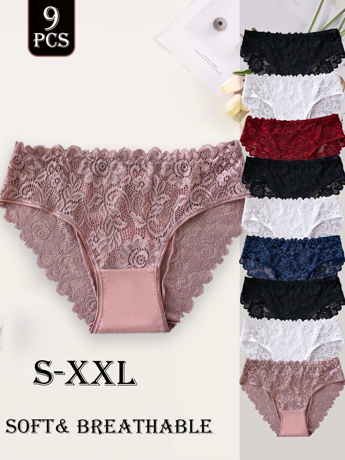 Lot de 9 culottes femme en coton avec dentelle - Couleur unie, style élégant, confort quotidien