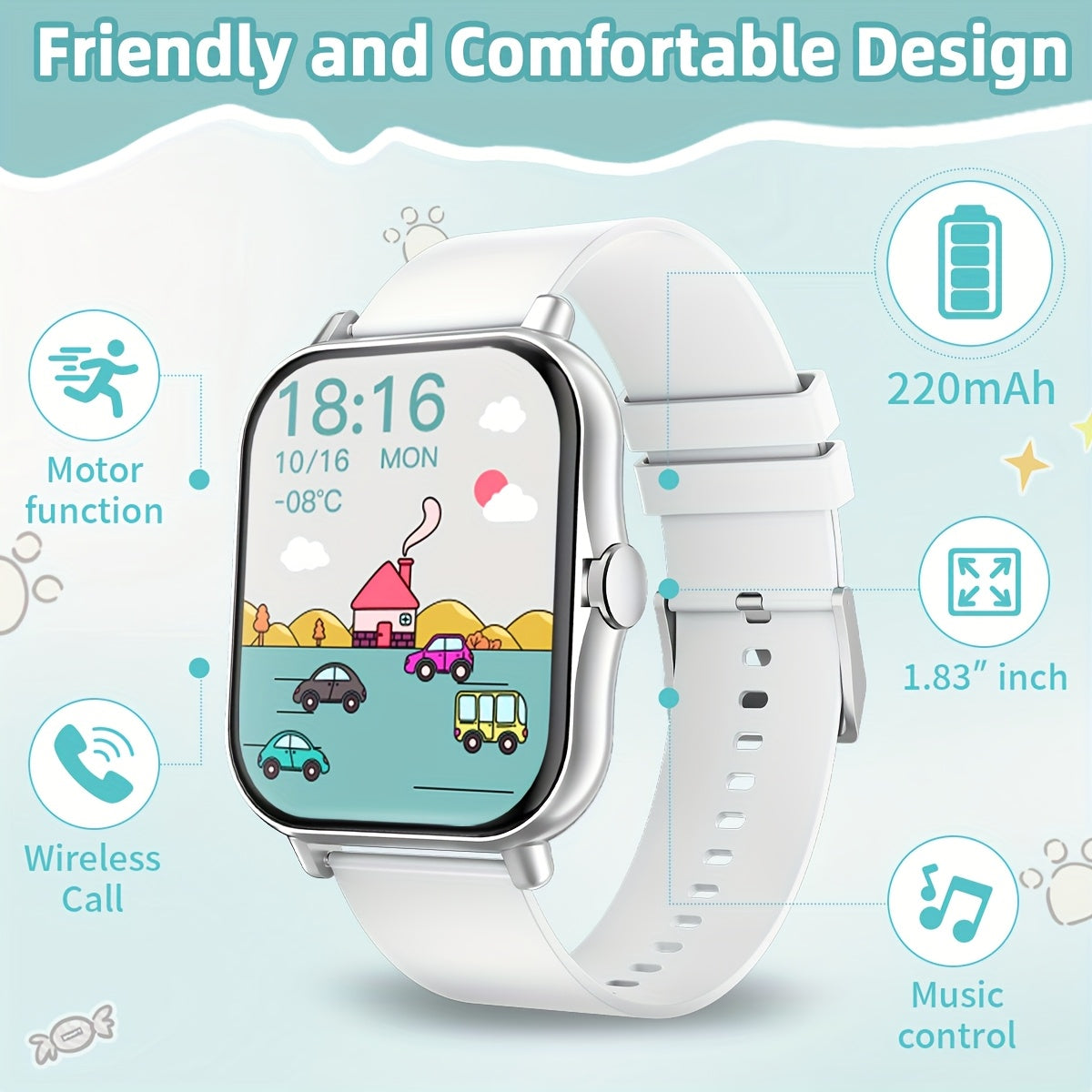Montre Connectee Enfants Ados Ecran Tactile - Podometre, Musique, Calendrier, Alarme, Bracelet Silicone, 6 Coloris