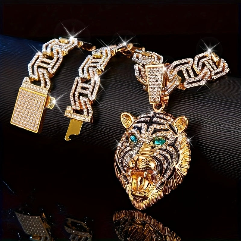 Collier Pendentif Tête de Tigre Yeux Verts — Chaîne Cubaine Strass, Alliage Zinc, 2 Coloris