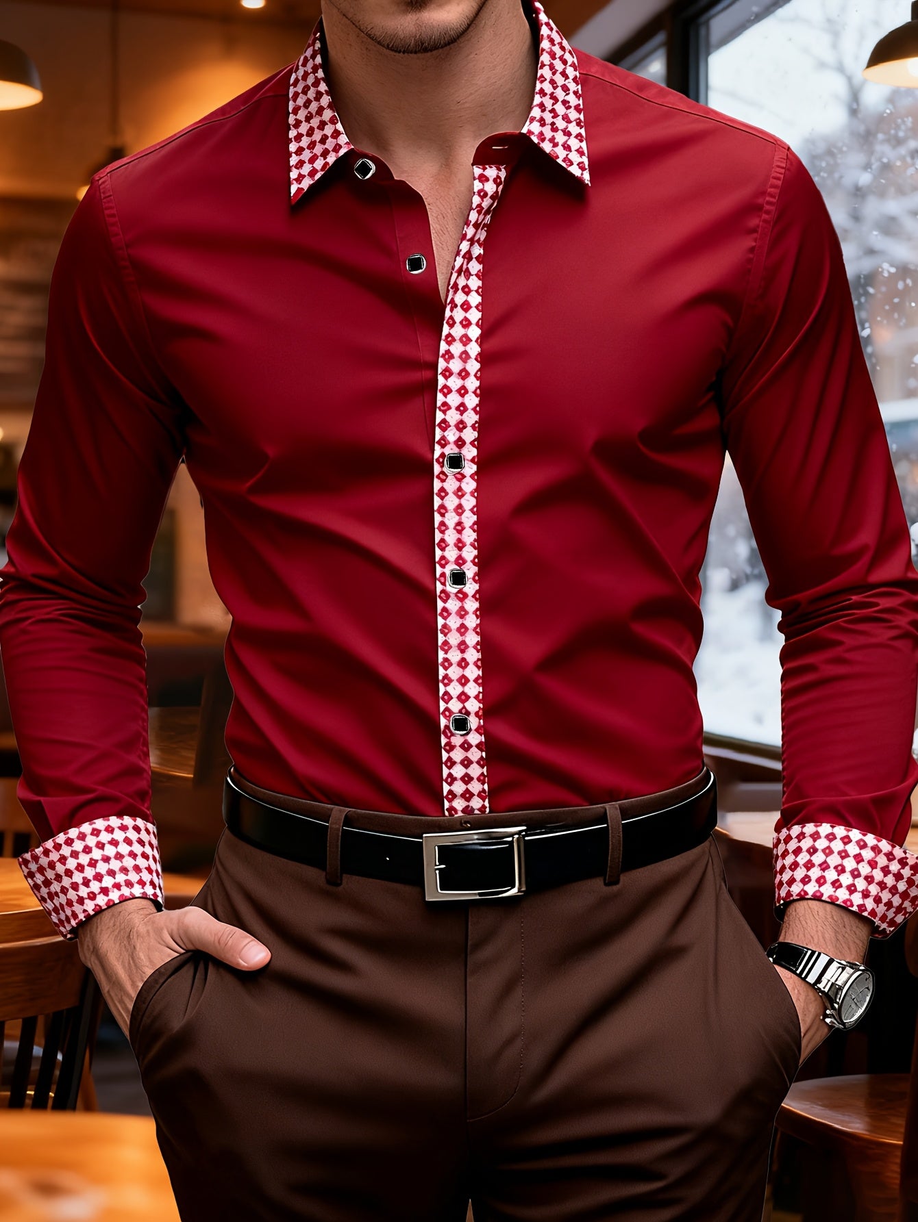 Chemise Homme Manches Longues Col Revers Blocs de Couleur 100% Polyester Decontractee - Rouge FR S-XL