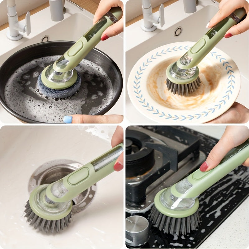 Brosse vaisselle ergonomique distributeur savon integre - Manche allonge, tete interchangeable, plastique, vert