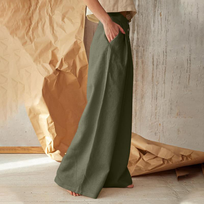 Pantalons pour femme, taille haute, décontractés, boutons, jambes larges, en coton - Topdecheztop.fr