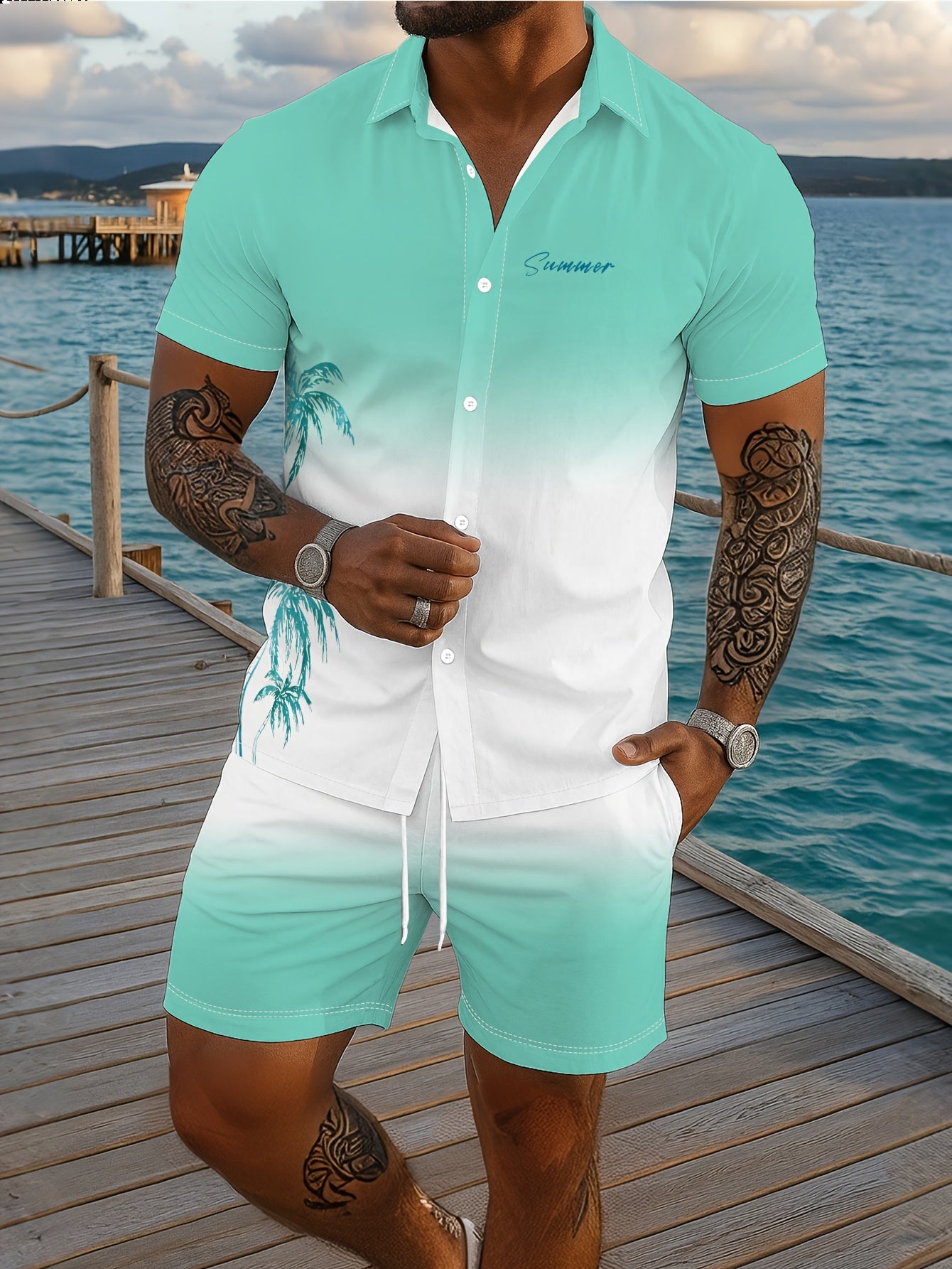 Ensemble Chemise Manches Courtes et Short Imprime Homme - Tenue Ete Decontractee