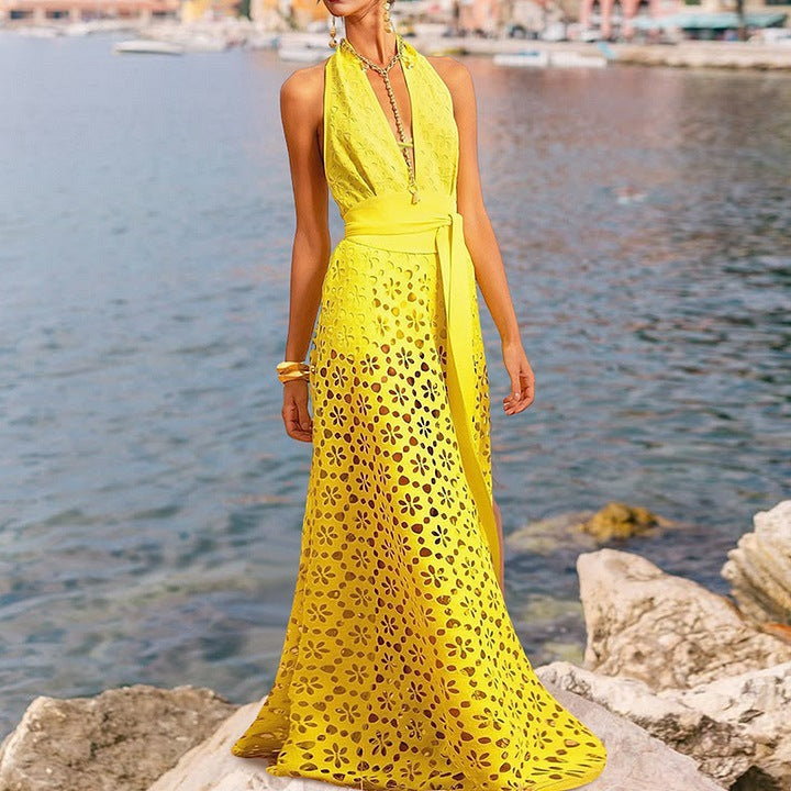 Ensemble Maillot de Bain Une Piece et Jupe de Plage Femme a Decoupes - Jaune